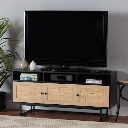 Declan MidCentury Modern Espresso Brown Finished Wood And Natural Rattan 3Door TV Stand